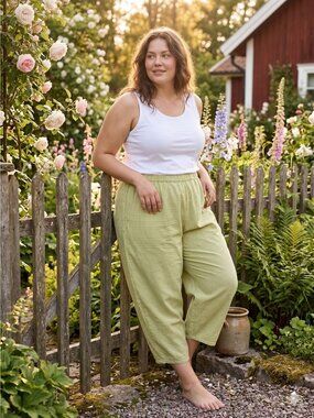 FLAX 100% Linen Pants 2G Plus Size Green Gingham Check Elastic Waist Lagenlook